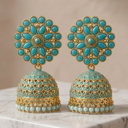 Classic Light Blue Jhumka with Golden Accents