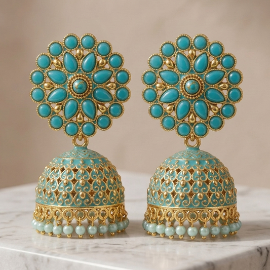 Classic Light Blue Jhumka with Golden Accents