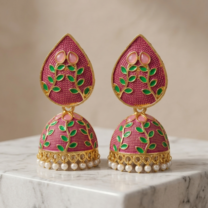 Classic Pink Jhumka with Green Accents
