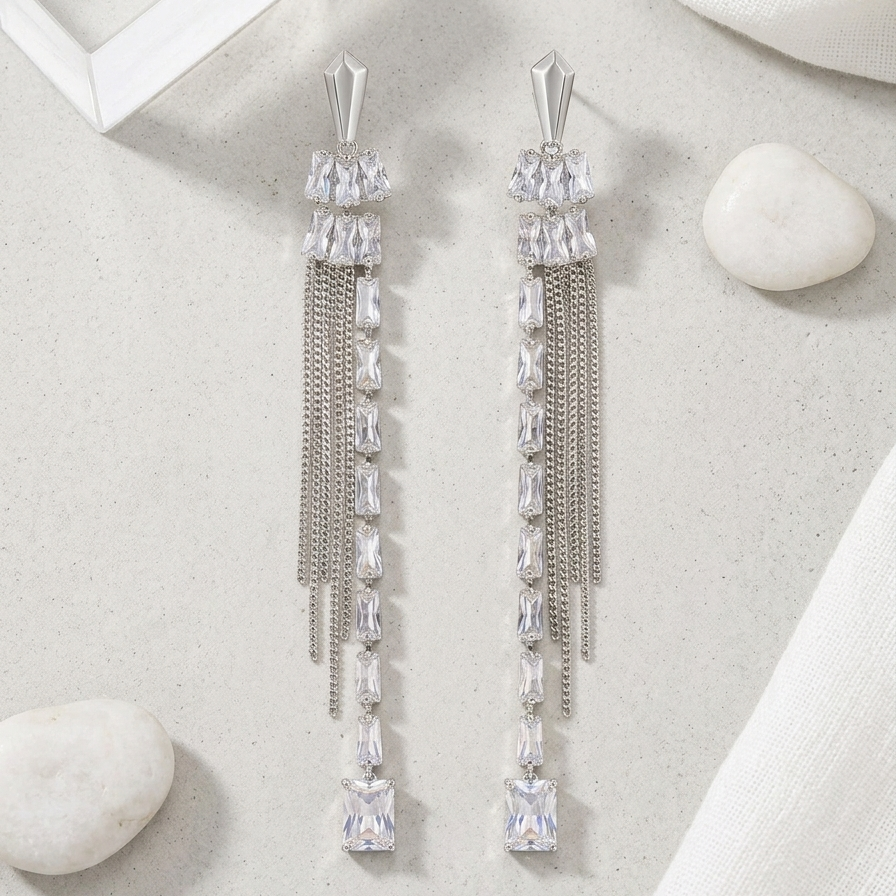 Baguette Beads Drop Earrings (Silver)
