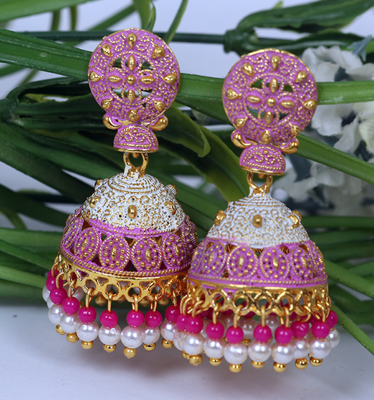 Classic Pink Jhumka with Green Accents